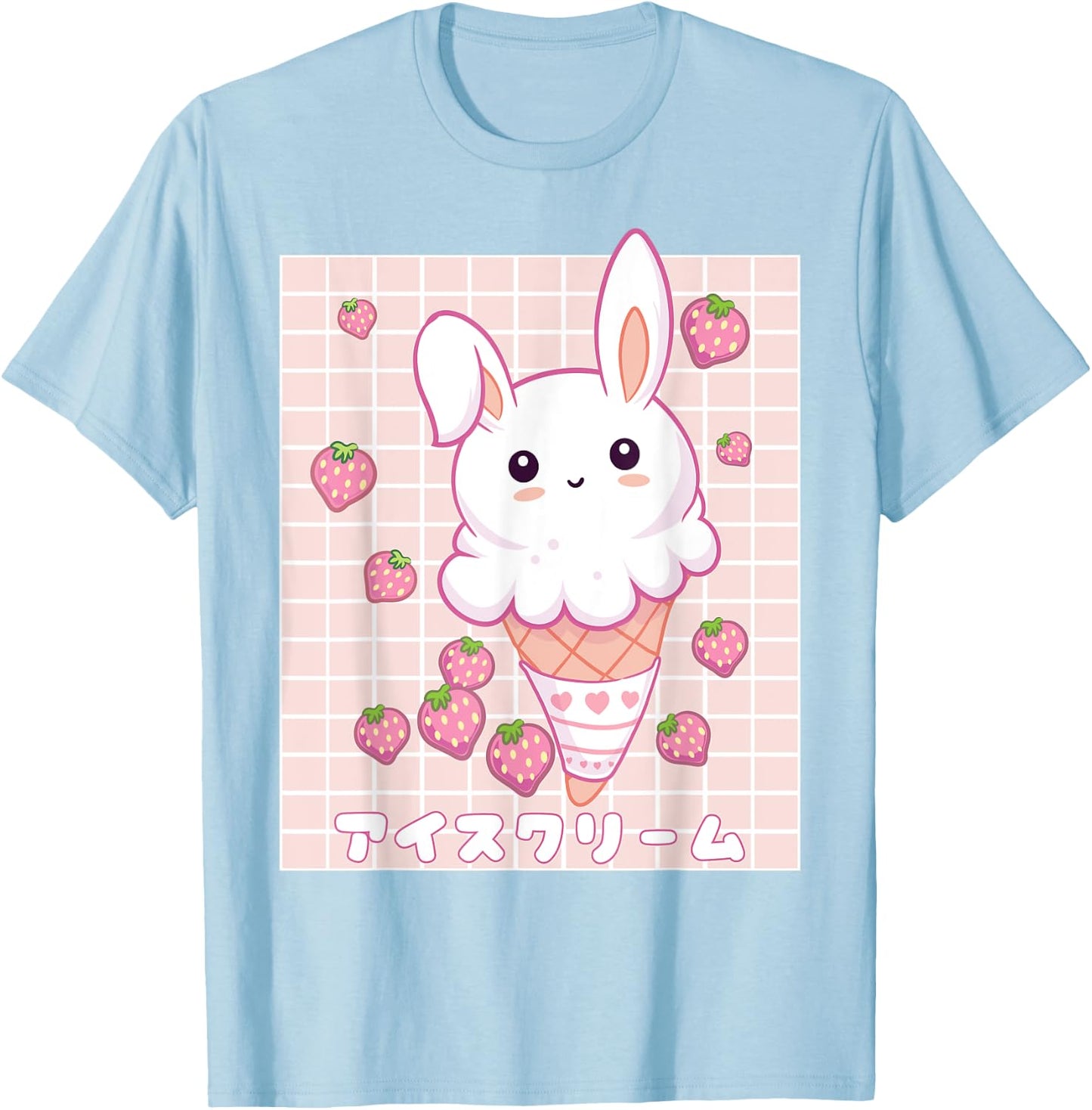 Kawaii Aesthetic Strawberry Ice Cream Bunny Vaporwave T-Shirt - T-Shirt | Light Blue