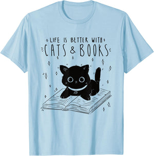 Cat Life Is Better With Cats And Books Books T-Shirt - T-Shirt | Light Blue