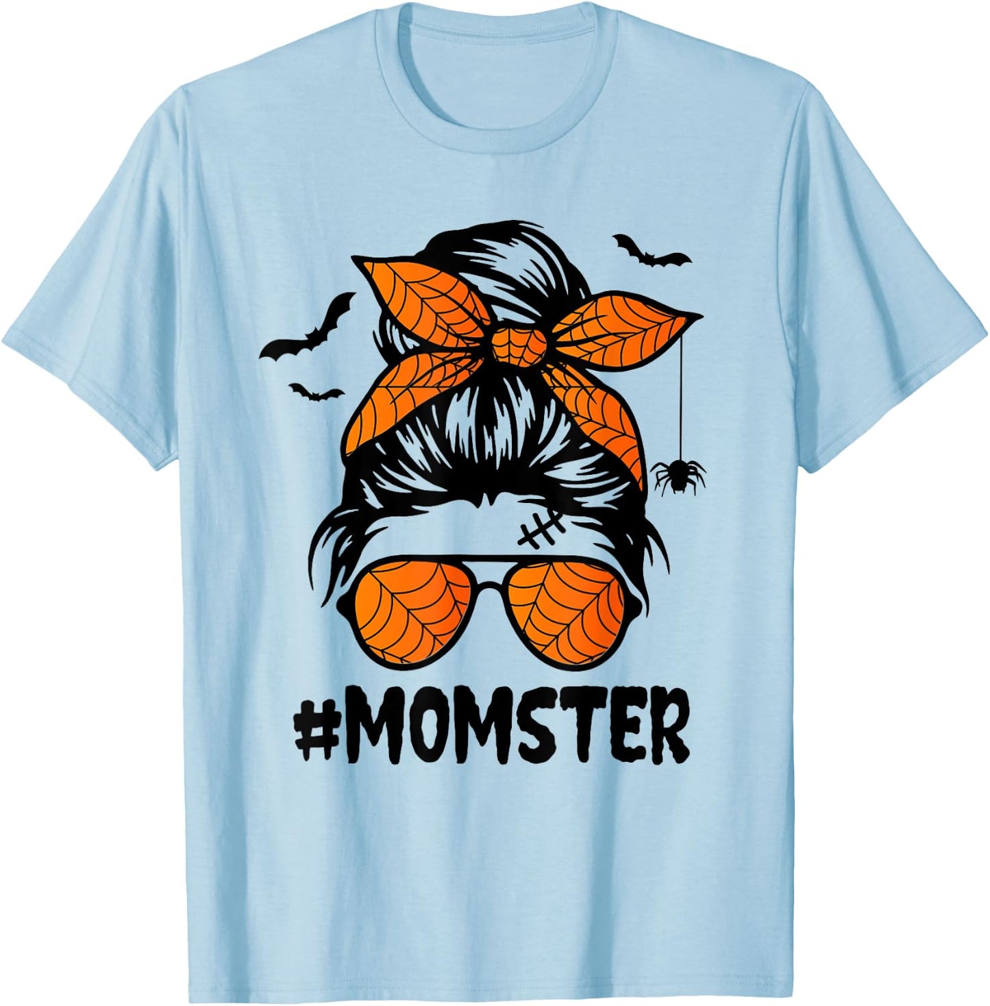 Momster Halloween Mom Messy Bun Leopard T-Shirt - T-Shirt | Light Blue