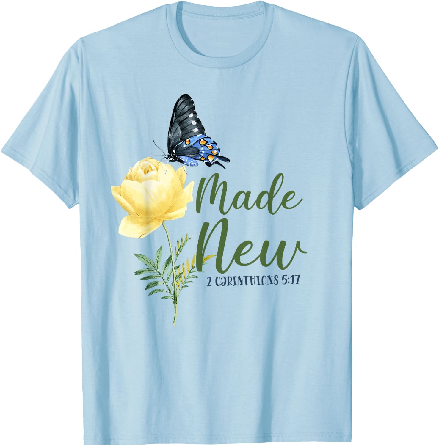 Christian Bible Verse Butterfly Flower 2 Corinthians 5:17 T-Shirt - T-Shirt | Light Blue