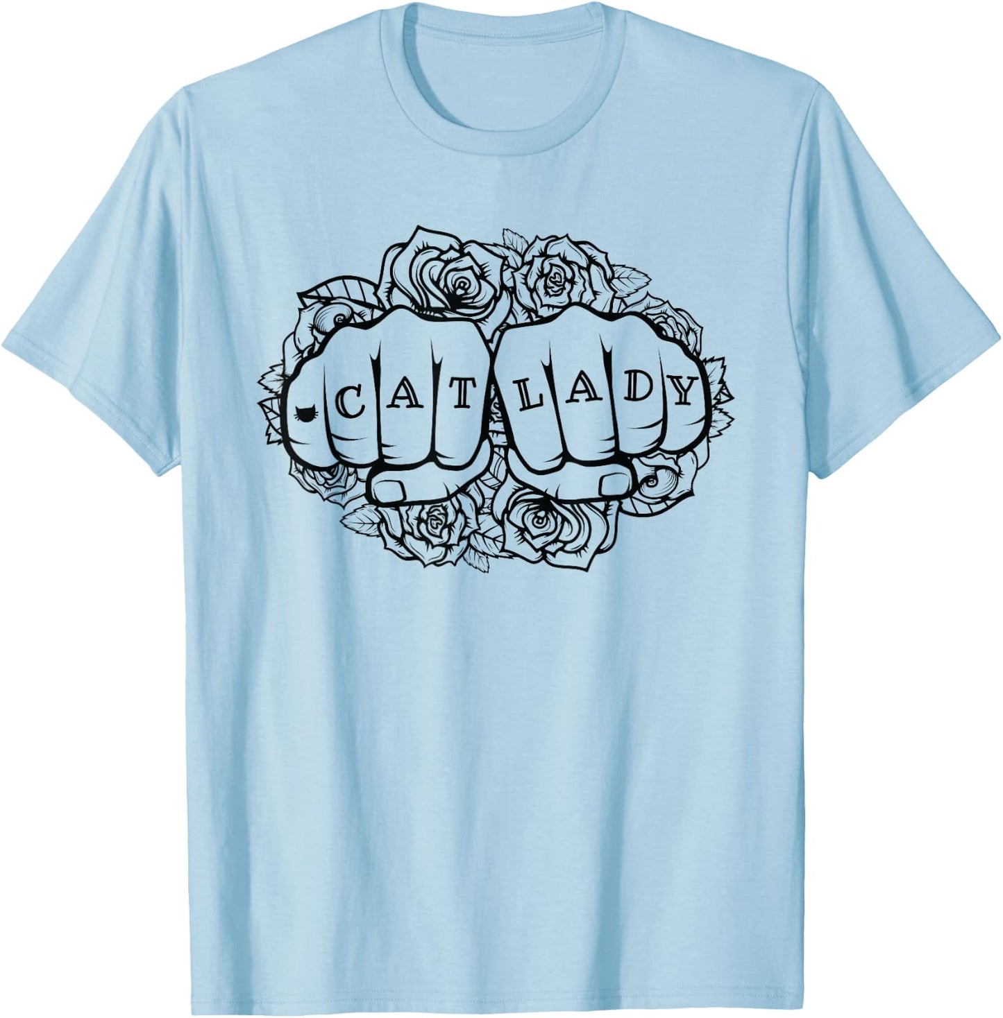 Cat Lady Shirt Cat Lover Knuckle Tattoo Cats and Tats Shirt T-Shirt - T-Shirt | Light Blue