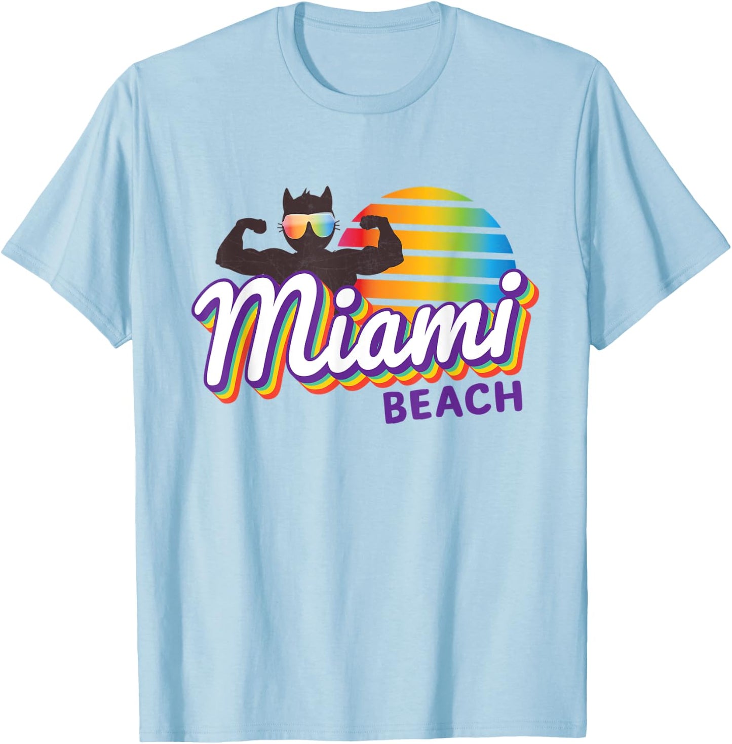 Miami Muscle Cool Retro Cat Weight Lifter MIA (Miami) Cat T-Shirt - T-Shirt | Light Blue