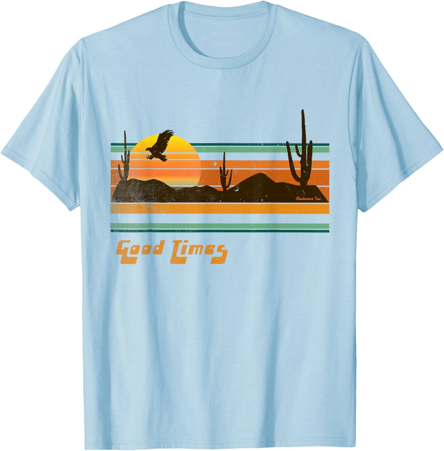 Vintage 1970s Good Times Desert Sunset Eagle Cactus T-Shirt - T-Shirt | Light Blue