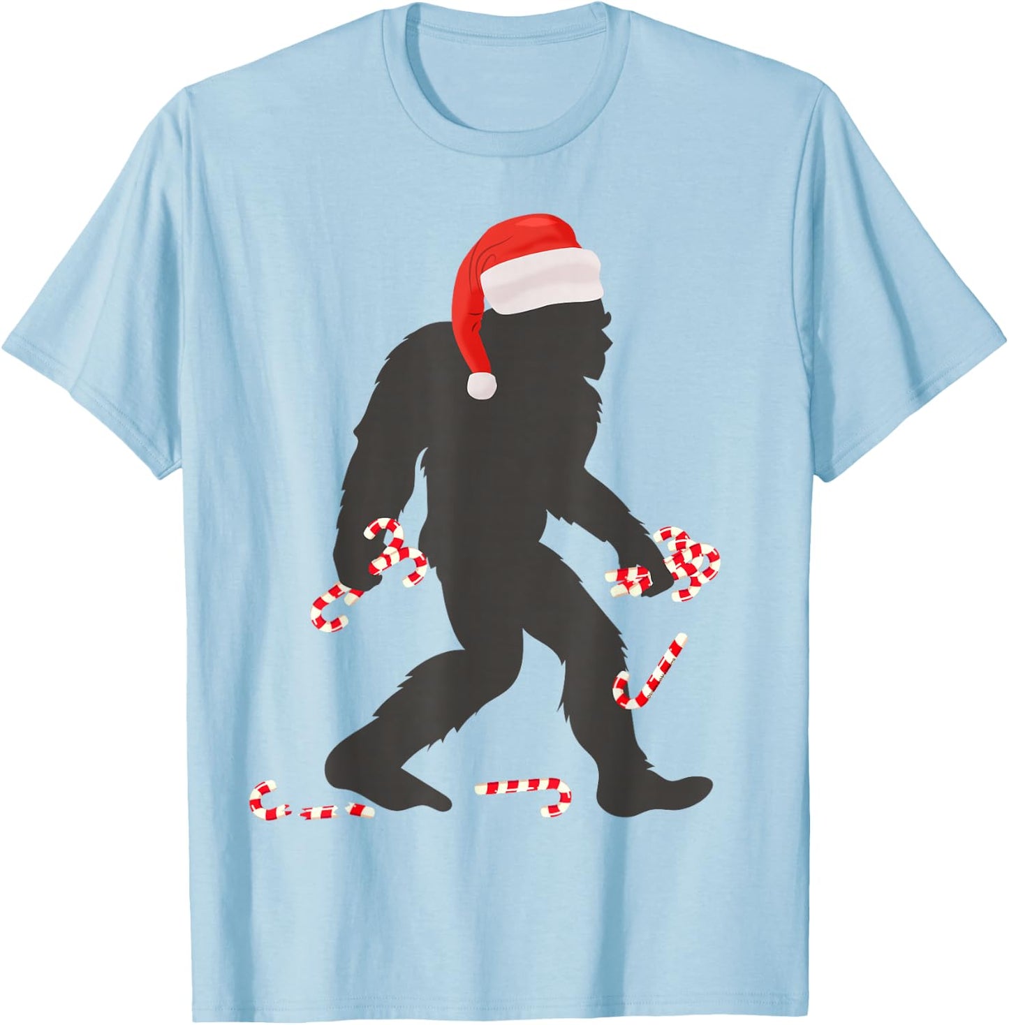 Funny Christmas Bigfoot with Santa Hat Carrying Candy Canes T-Shirt - T-Shirt | Light Blue