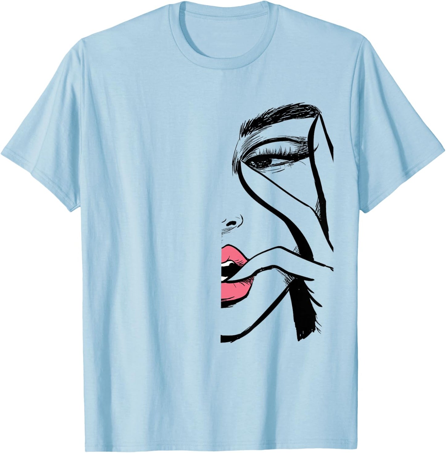 Beautiful Lady Face Makeup Women Face Line Art Eyes Lip T-Shirt - T-Shirt | Light Blue