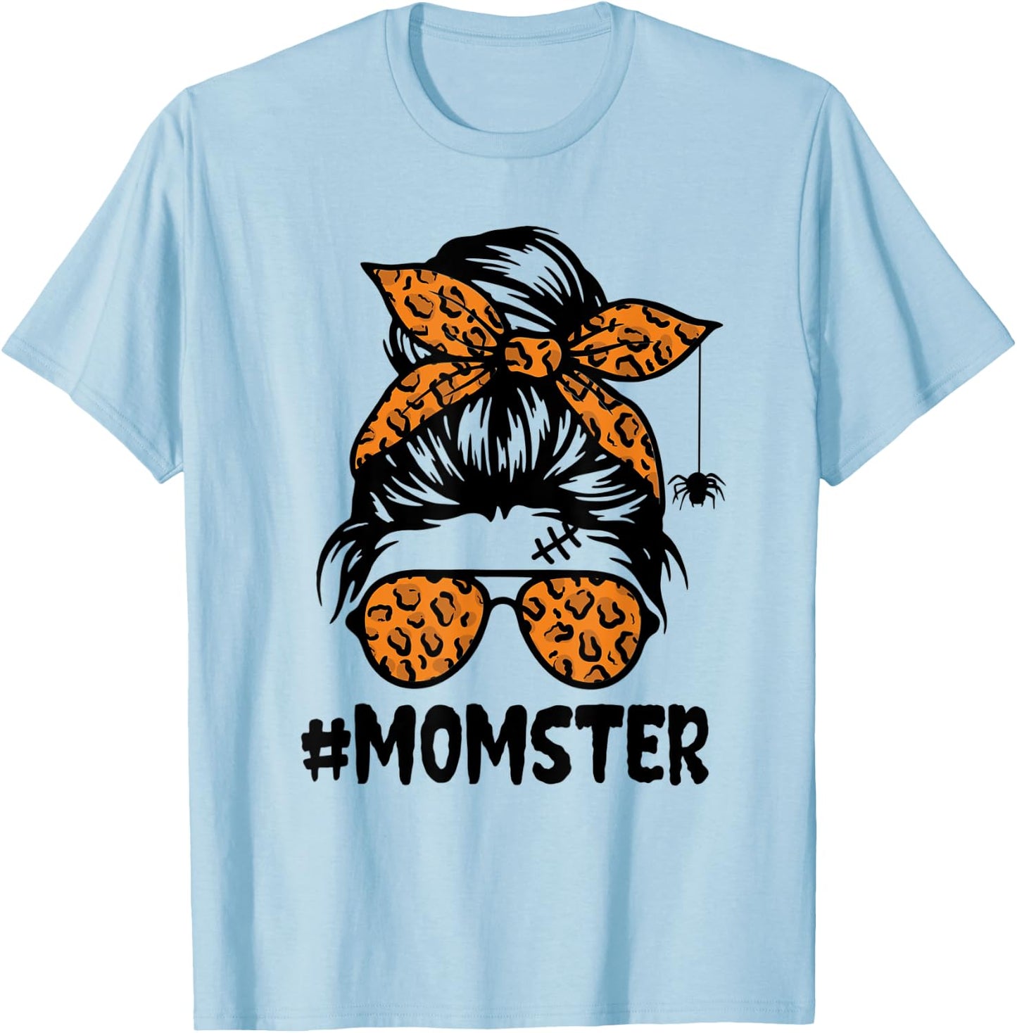 Momster Shirt Halloween Mom Messy Bun Leopard T-Shirt - T-Shirt | Light Blue