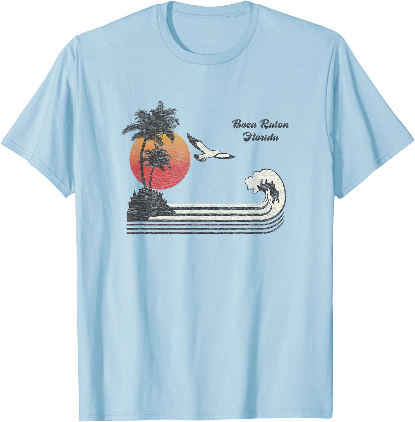 Boca Raton FL Vintage 70s Seagull Sunset T-Shirt - T-Shirt | Light Blue