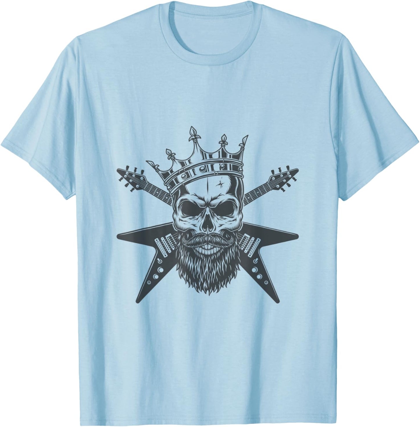 Bearded Guitar King Crown Skull Shirt Black T-Shirt - T-Shirt | Light Blue