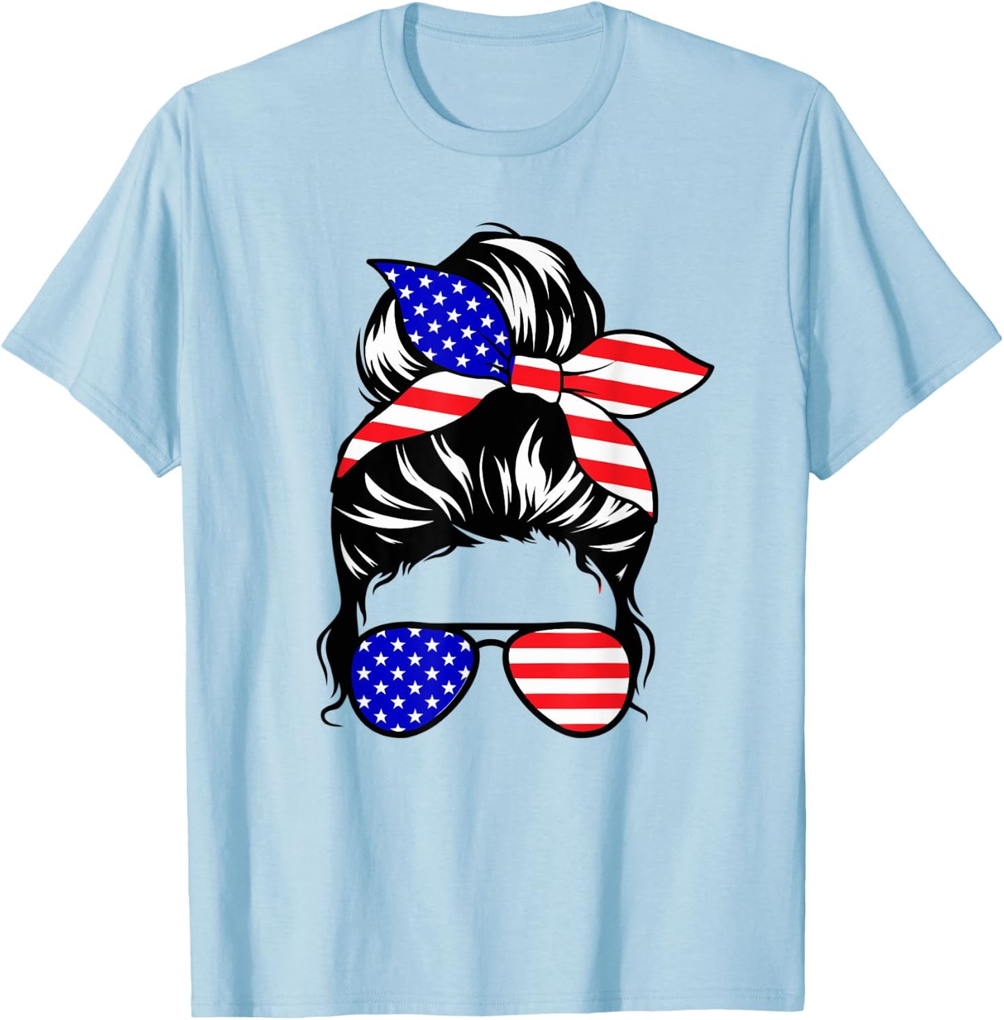 4th of July Shirt Daughter Messy Bun Cute American USA Girls T-Shirt - T-Shirt | Light Blue