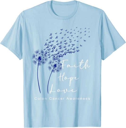 Dandelion Blue Ribbon Faith Hope Love Colon Cancer Awareness T-Shirt - T-Shirt | Light Blue