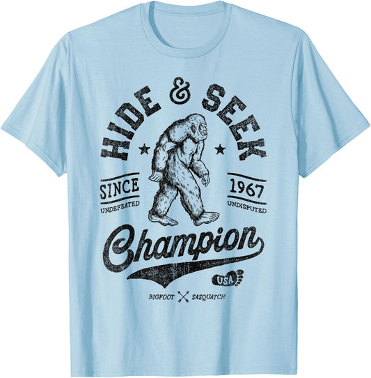 Bigfoot Hide And Seek Champion Funny Sasquatch Retro Vintage T-Shirt - T-Shirt | Light Blue