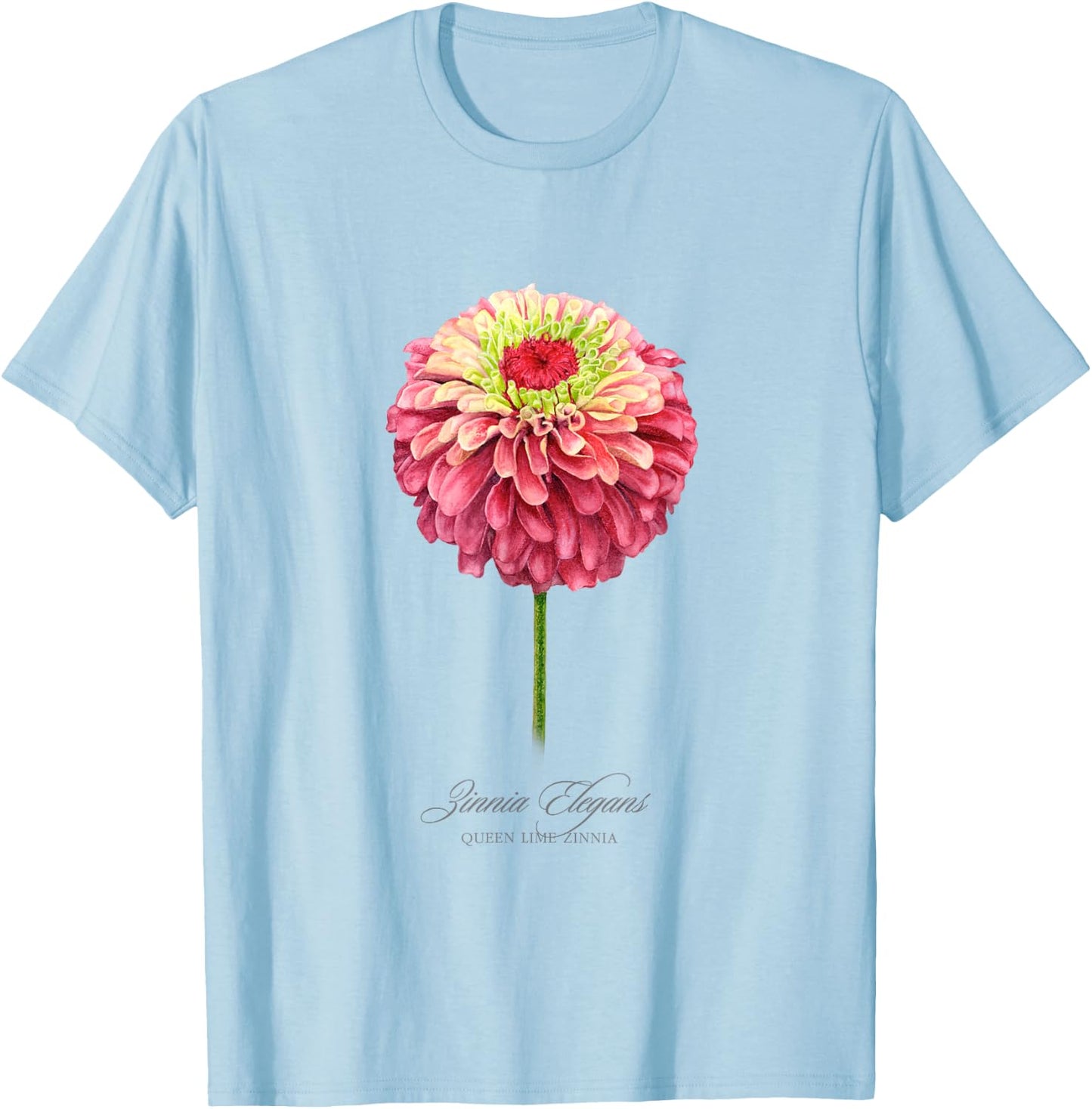 Red and Pink Zinnia Flower Botanical Painting T-Shirt - T-Shirt | Light Blue