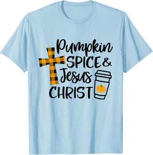 Hello Fall Pumpkin Spice & Jesus Christ Fall Christian Gift T-Shirt - T-Shirt | Light Blue