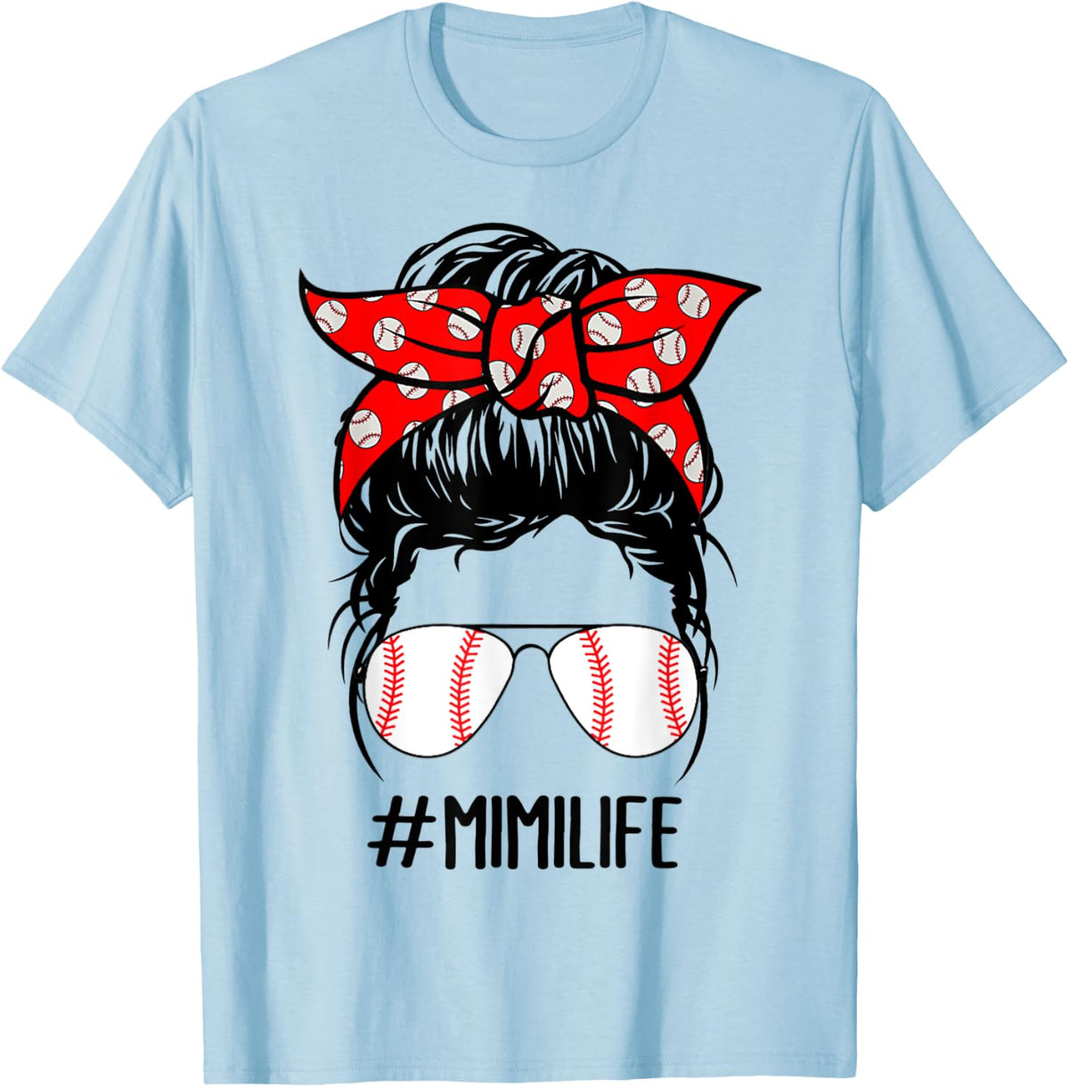Mimi Life Baseball Softball Women Mothers Day Messy Bun T-Shirt - T-Shirt | Light Blue