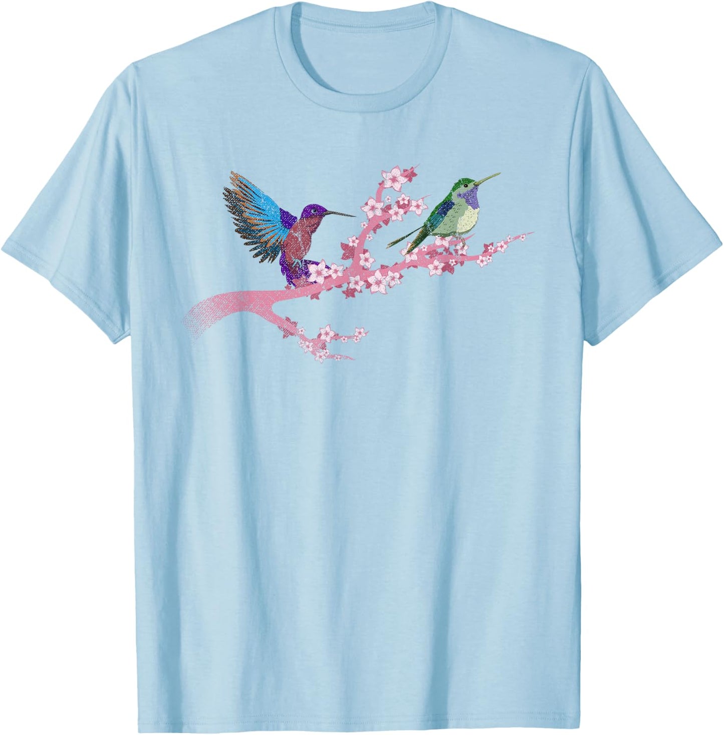 Bird Flowers Cherry Blossom Animal Vintage Hummingbird T-Shirt - T-Shirt | Light Blue