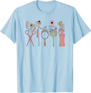 Hair Stylist Hairdresser Salon Men Women Groovy Retro Floral T-Shirt - T-Shirt | Light Blue