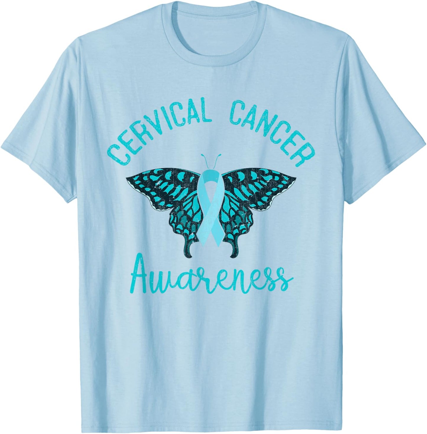 Teal Ribbon Butterfly Cancer Fight Cervical Cancer Awareness T-Shirt - T-Shirt | Light Blue