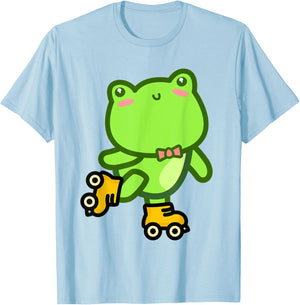 Whimsical Cute Kawaii Frog Roller Skating Amphibian T-Shirt - T-Shirt | Light Blue