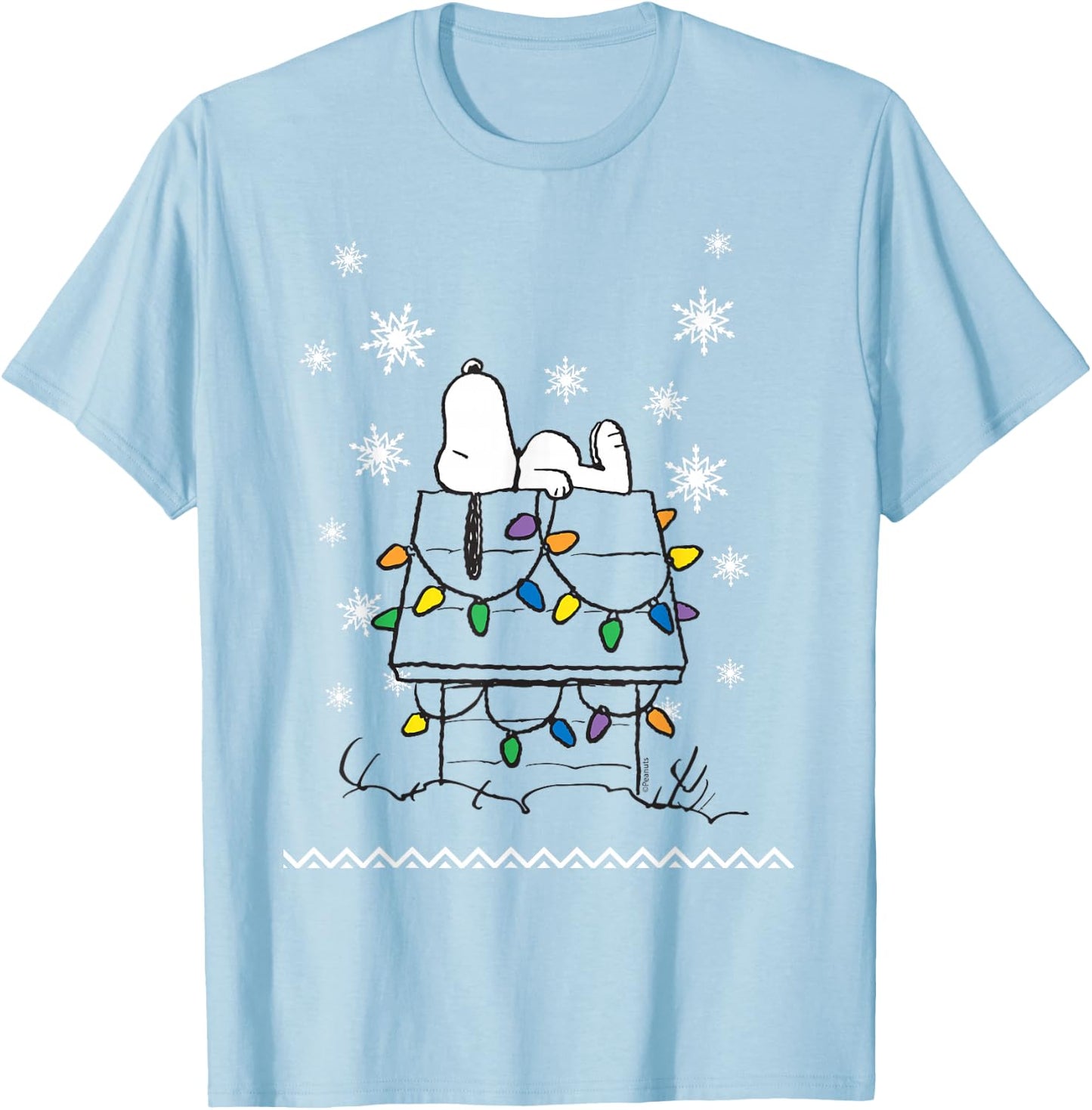Peanuts Holiday Snoopy Dog House Lights Short Sleeve T-Shirt - T-Shirt | Light Blue