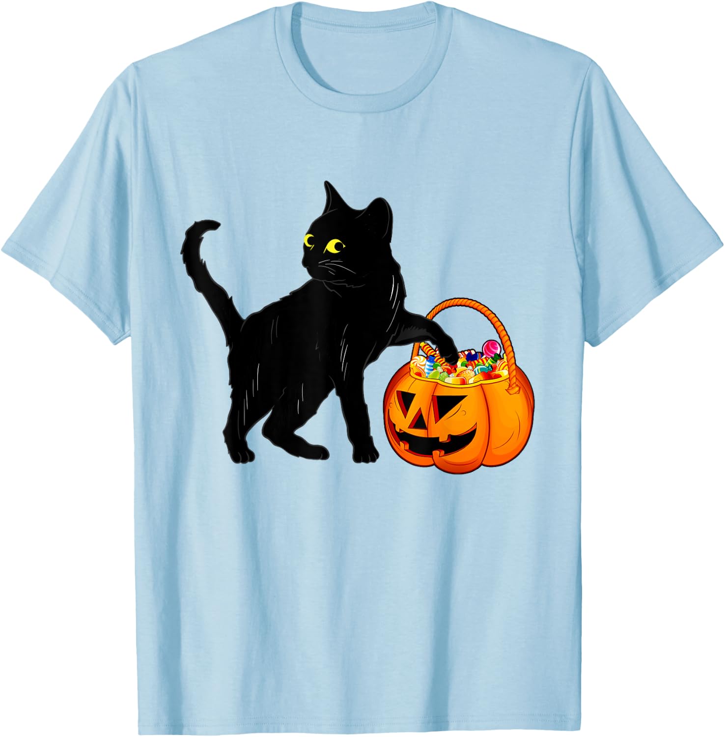 Black Cat Halloween Candy Pumpkin Bag Sweet Lollipop Funny T-Shirt - T-Shirt | Light Blue