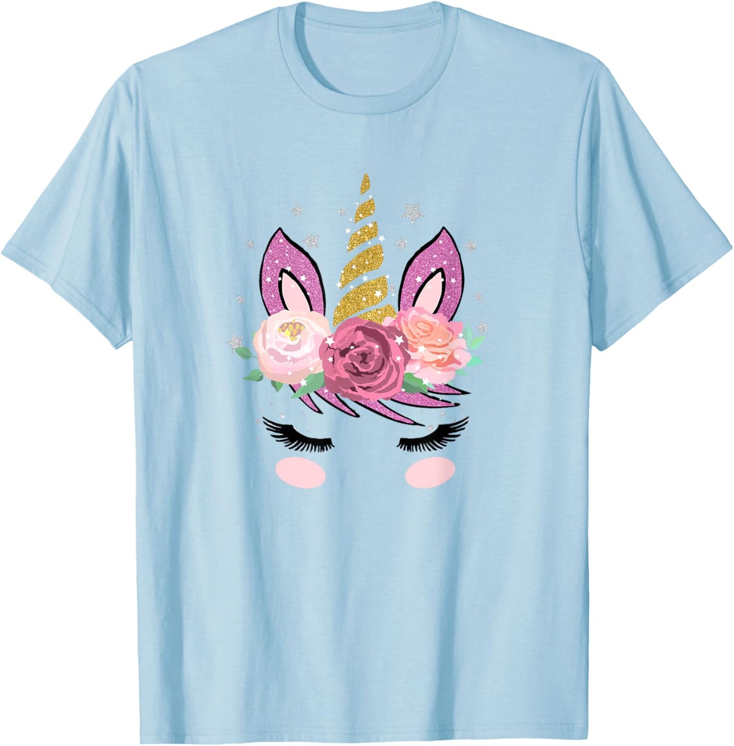 Cute Unicorn Face With Flowers And Beautiful Lashes Gift T-Shirt - T-Shirt | Light Blue