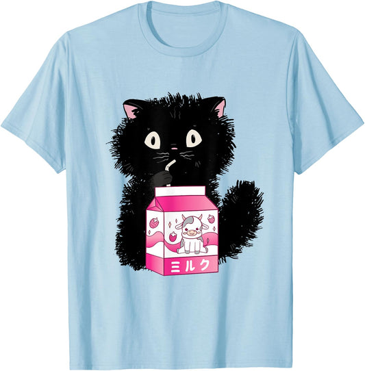 Girls Cute Cat Strawberry Milk Kawaii Cow and Kitten T-Shirt - T-Shirt | Light Blue