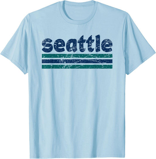 Seattle Washington Three Stripe Vintage Weathered T-Shirt - T-Shirt | Light Blue