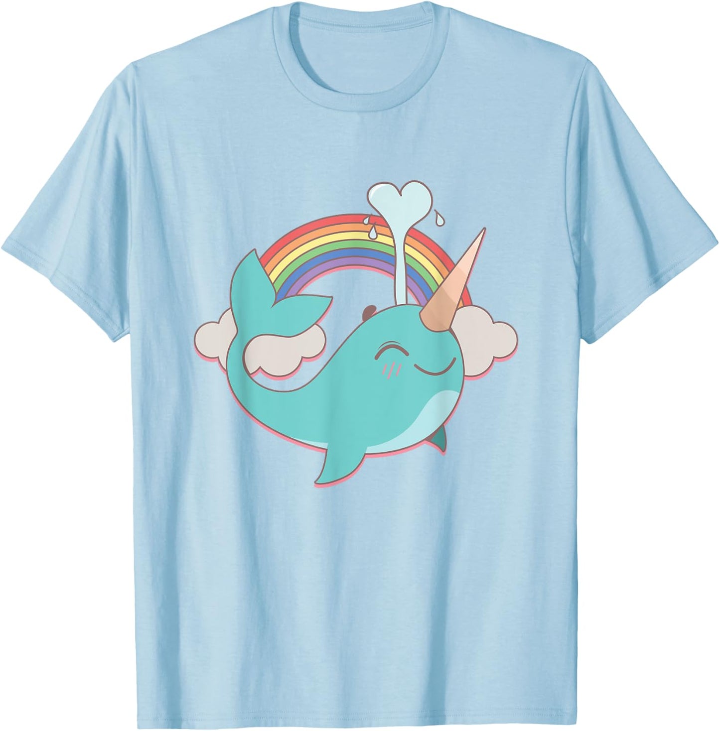 Narwhal Unicorn and Rainbow Blowing Water Girl's Cute T-Shirt - T-Shirt | Light Blue