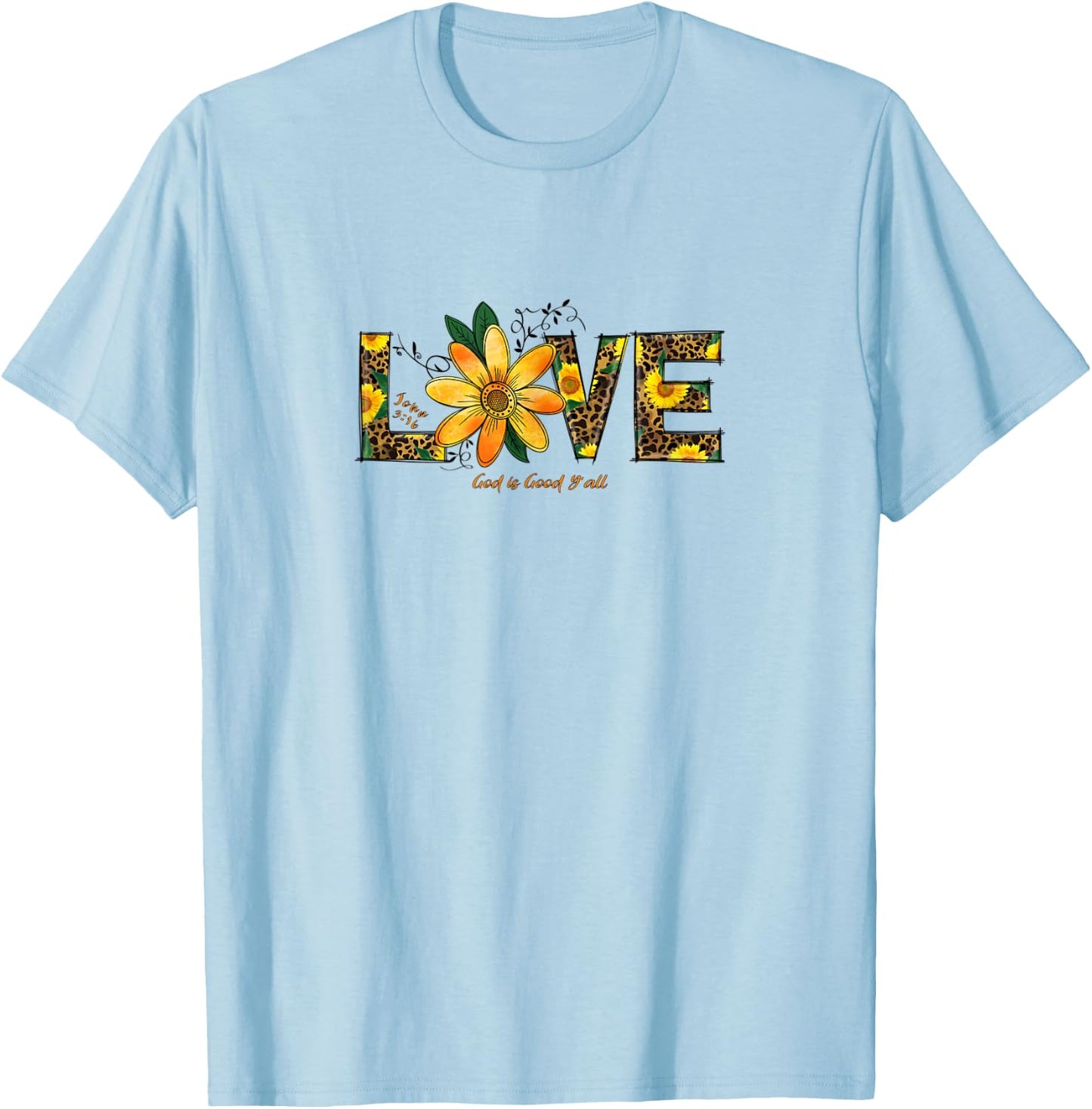 LOVE Leopard and Sunflowers, John 3:16 Christian Scripture T-Shirt - T-Shirt | Light Blue