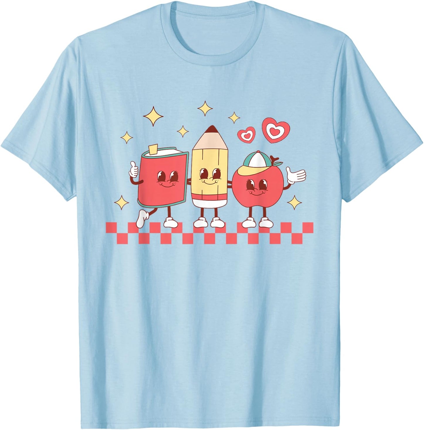 Cute Retro Checkered Apple with Face Teacher Pencil Trendy T-Shirt - T-Shirt | Light Blue