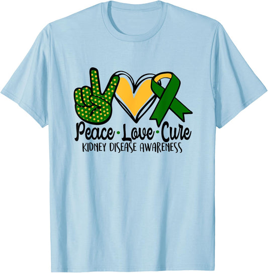 Peace Love Cure Kidney Disease Awareness March Green Ribbon T-Shirt - T-Shirt | Light Blue
