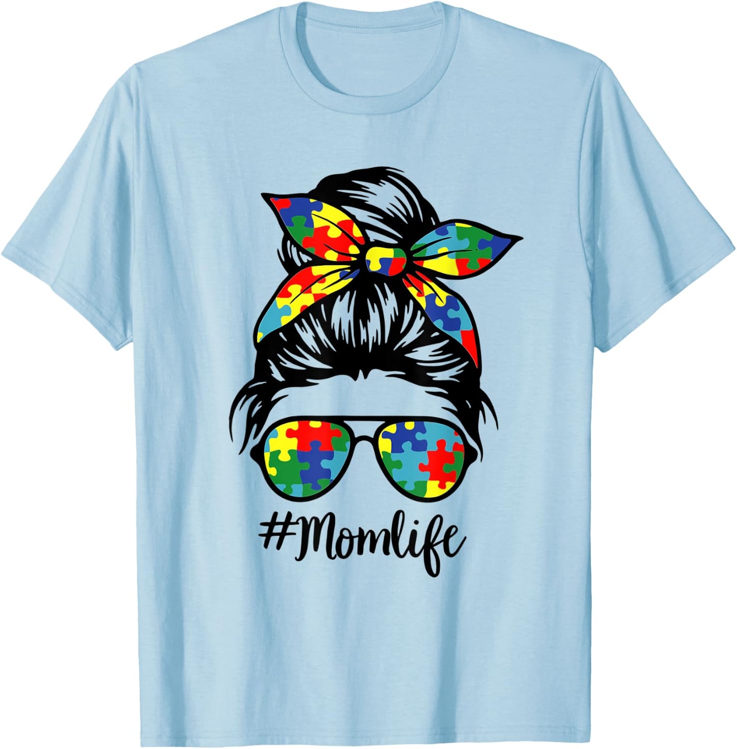 Autism Mom Life Puzzle Messy Bun Autism Awareness Month T-Shirt - T-Shirt | Light Blue