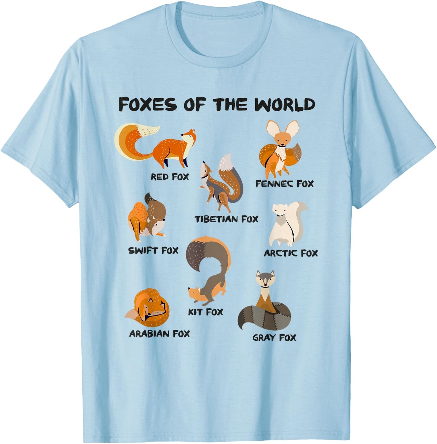 Foxes Of The World Cute Fox Breeds Animals Educational Fox T-Shirt - T-Shirt | Light Blue
