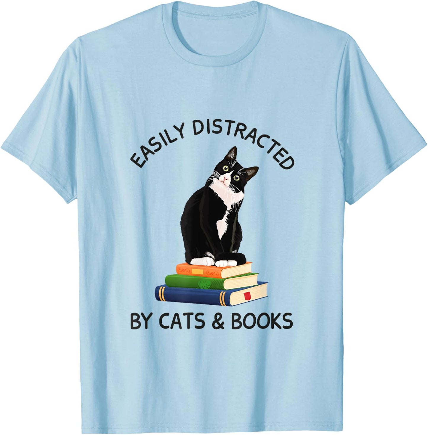 Easily Distracted By Cats And Books, Cat On A Pile Of Books Women Kids T-Shirt - T-Shirt | Light Blue