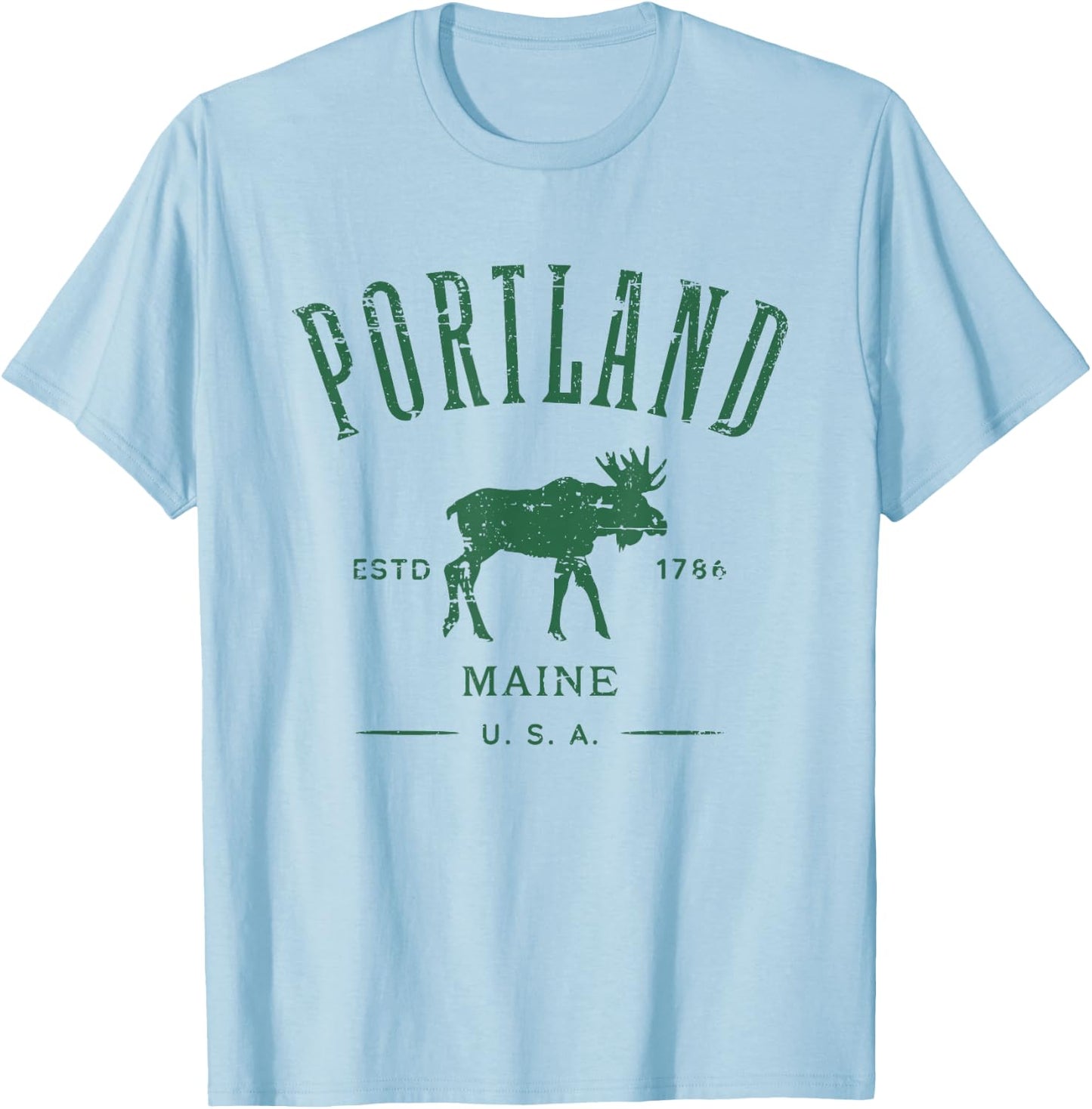 Portland Maine USA with Moose Distressed Design Souvenir T-Shirt - T-Shirt | Light Blue