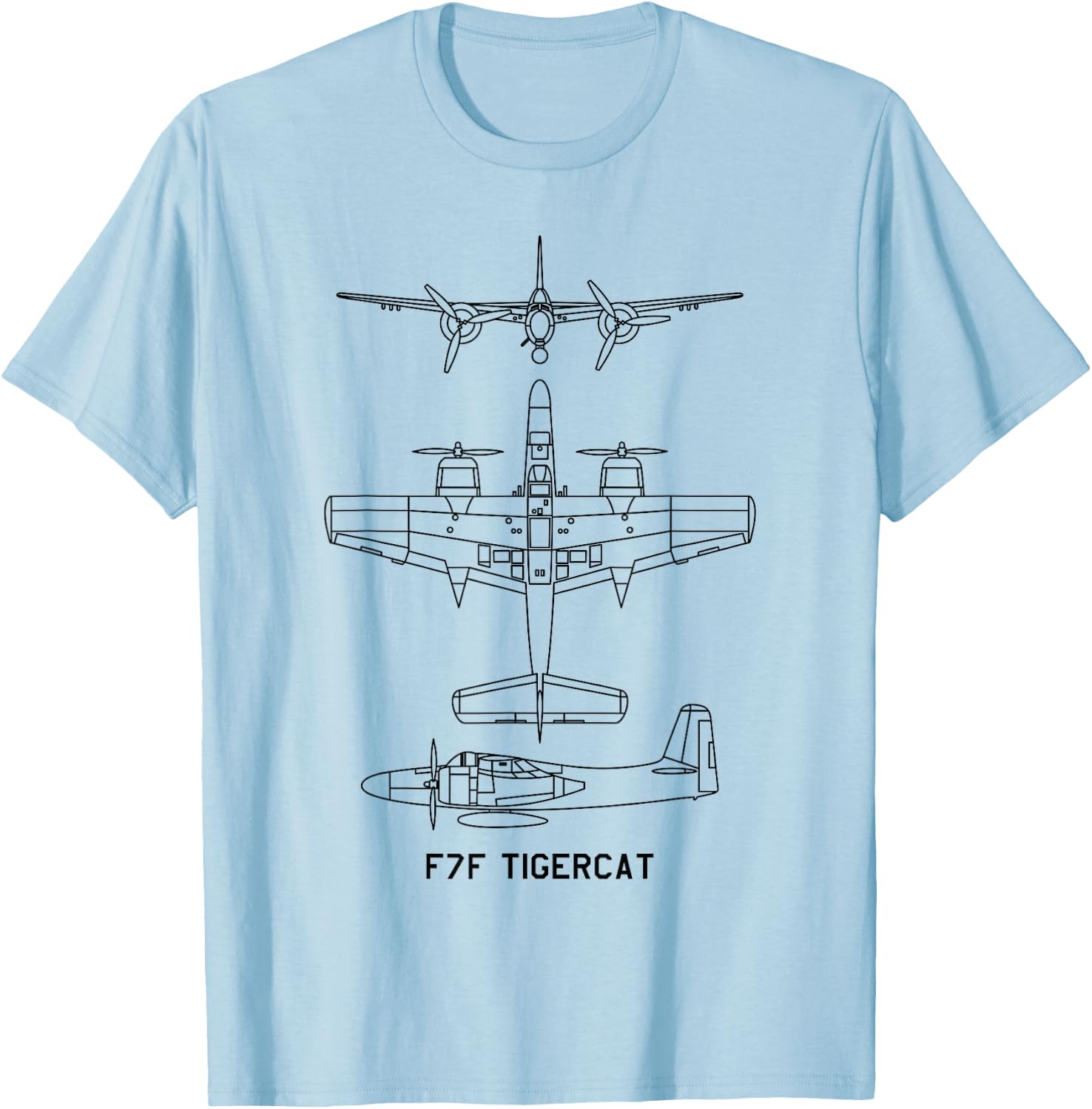 F7F Tigercat American WW2 Fighter Aircraft Blueprints T-Shirt - T-Shirt | Light Blue