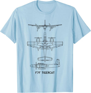 F7F Tigercat American WW2 Fighter Aircraft Blueprints T-Shirt - T-Shirt | Light Blue