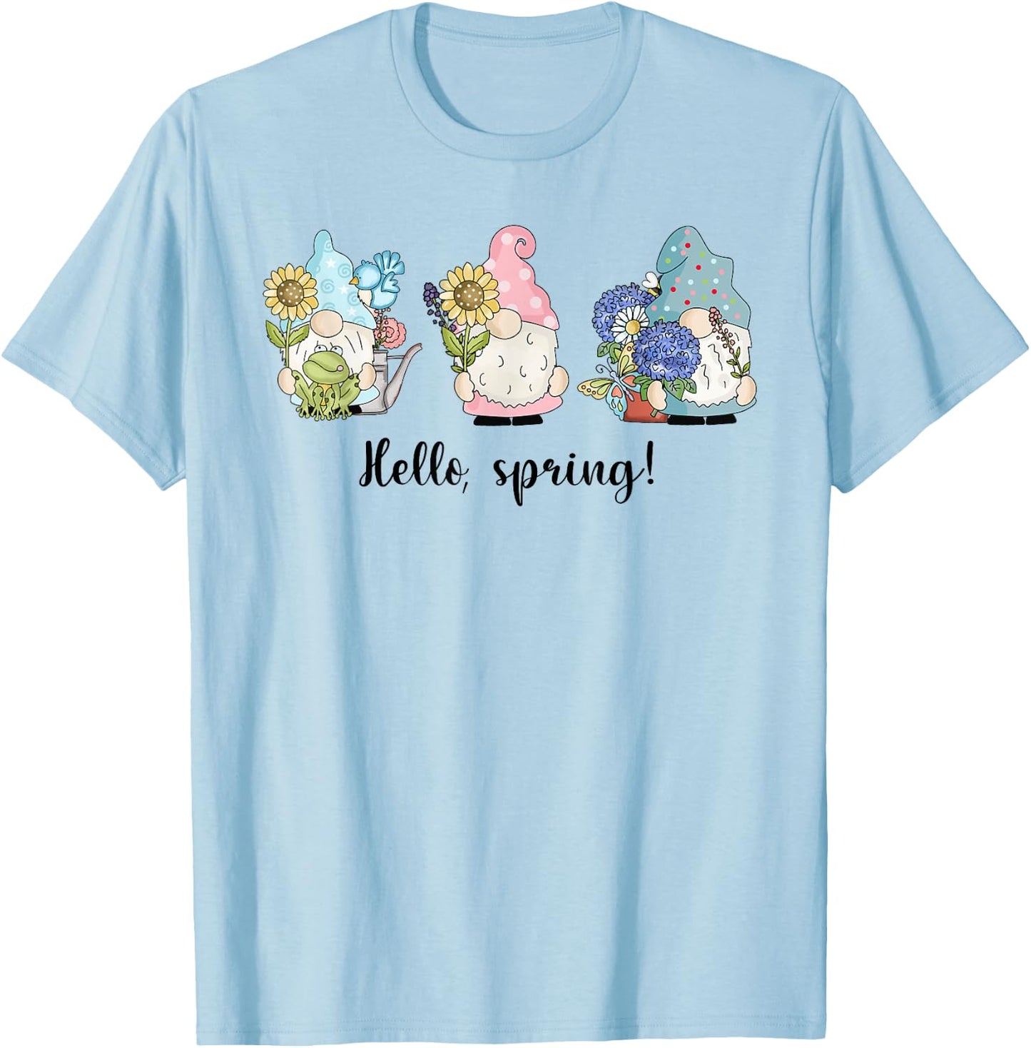 Hello Spring Gnomes with Flowers Butterflies Easter Top Girl T-Shirt - T-Shirt | Light Blue
