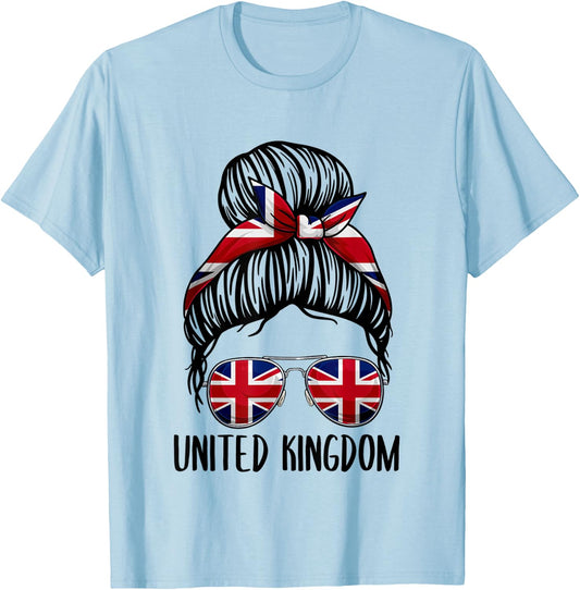 United Kingdom Shirt For Girls Women, Messy Bun British Flag T-Shirt - T-Shirt | Light Blue