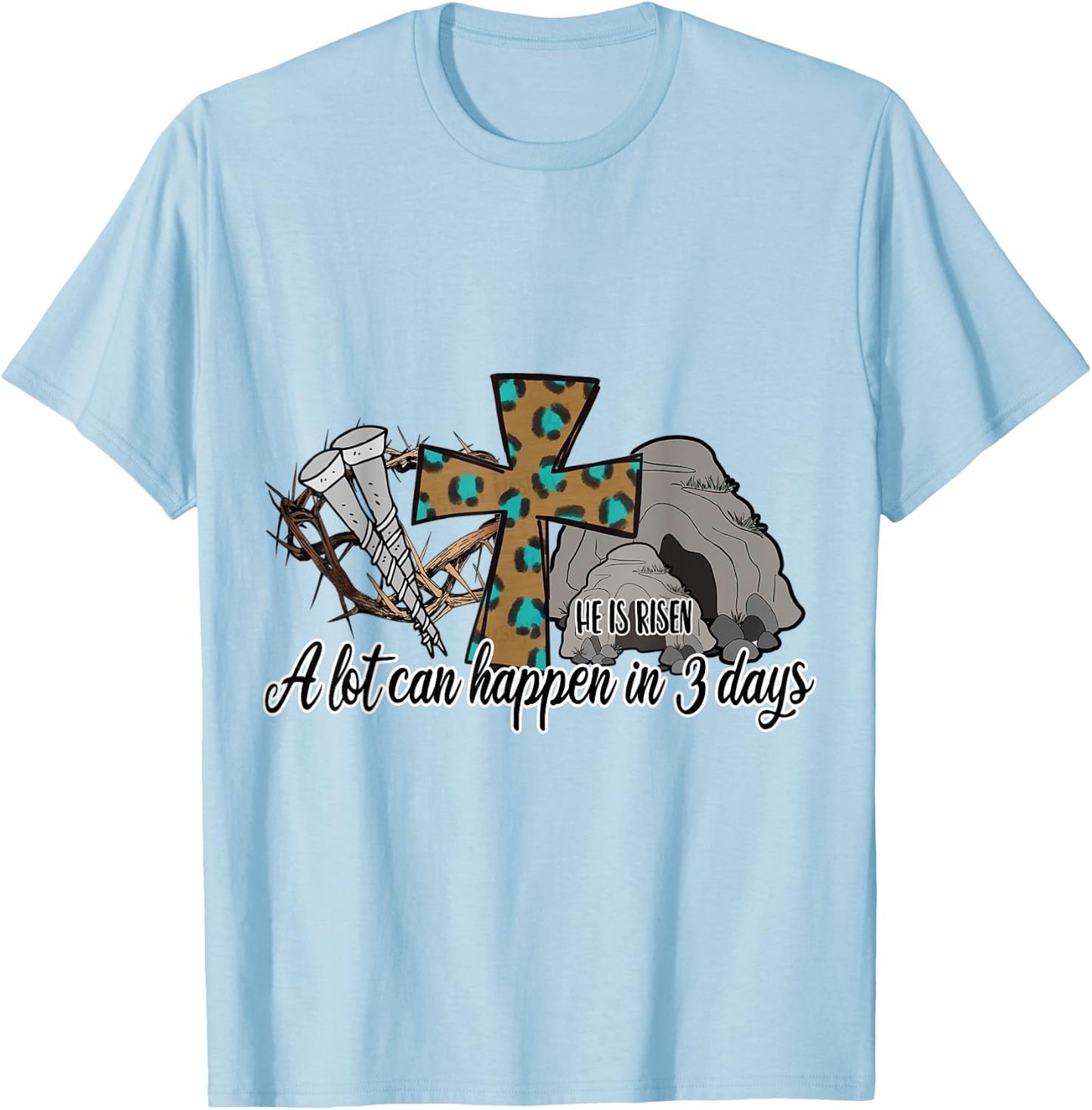 He Is Risen Jesus Christian Stone Cave Leopard Happy Easter T-Shirt - T-Shirt | Light Blue