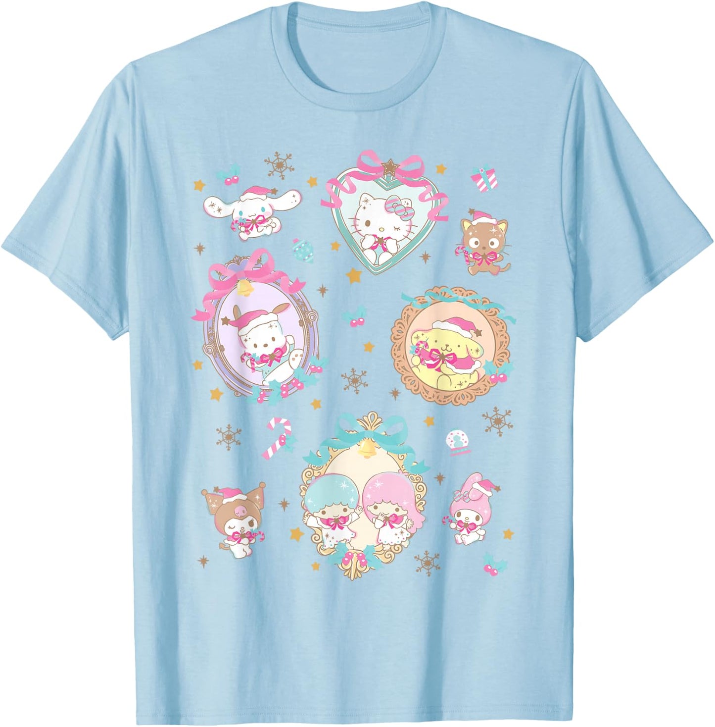 Hello Kitty Christmas Cute Heart Frames Collage My Melody T-Shirt - T-Shirt | Light Blue
