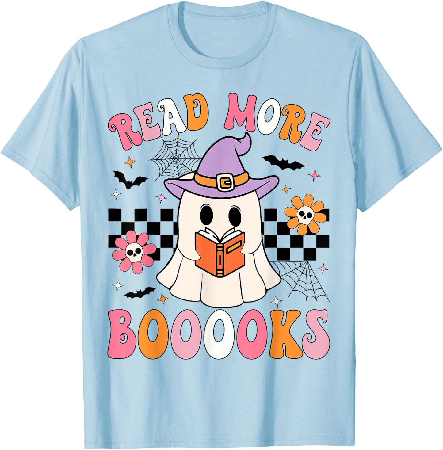 Groovy Booooks Ghost Read More Books Funny Teacher Halloween T-Shirt - T-Shirt | Light Blue