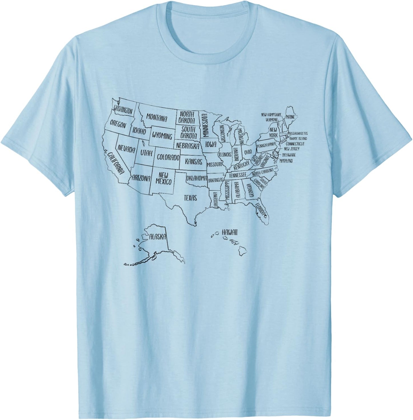 Black Outline Map of the 50 United States, USA Political map T-Shirt - T-Shirt | Light Blue