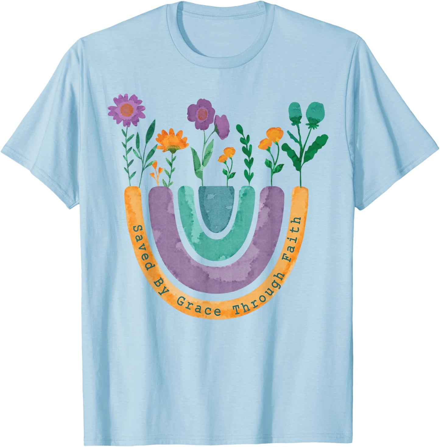 Saved By Grace Through Faith Christian Rainbow Wildflowers T-Shirt - T-Shirt | Light Blue