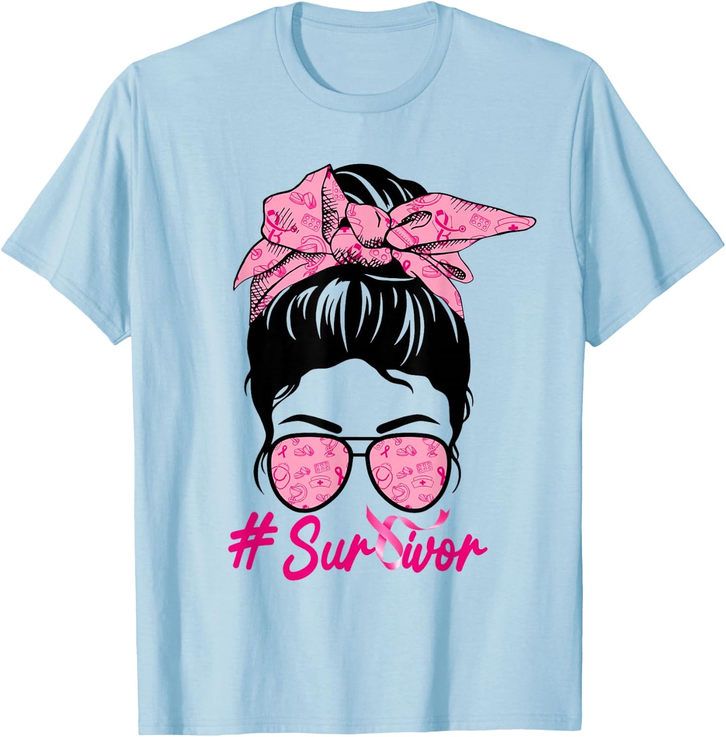 Survivor Messy Bun Pink Breast Cancer Awareness T-Shirt - T-Shirt | Light Blue