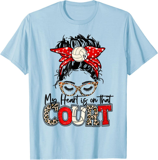 Leopard Messy Bun My Heart Is On That Court Volleyball Vibes T-Shirt - T-Shirt | Light Blue