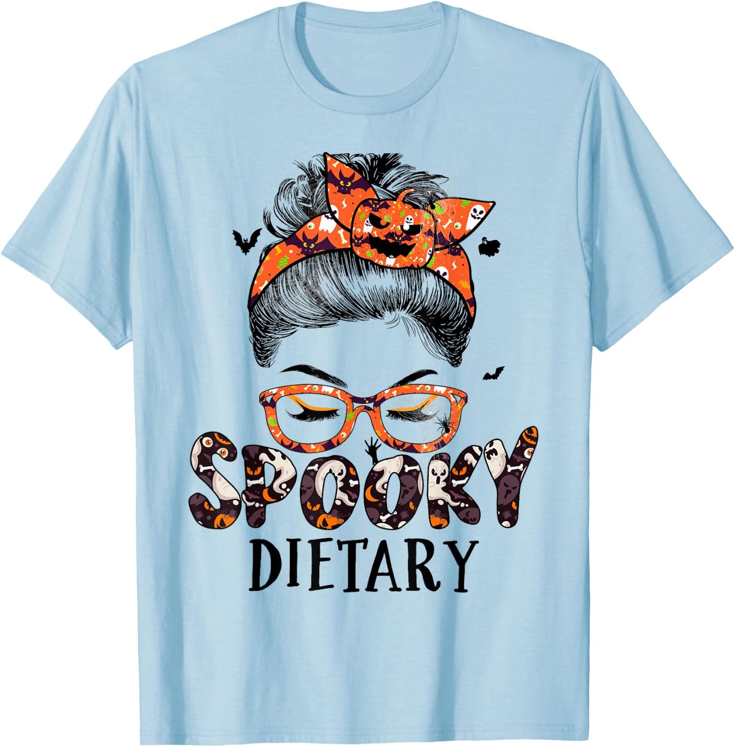 Messy Bun Spooky Dietary Women Pumpkin Halloween Bat T-Shirt - T-Shirt | Light Blue