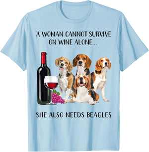 A Woman Cannot Survive On Wine Alone Beagle Lovers T-Shirt - T-Shirt | Light Blue