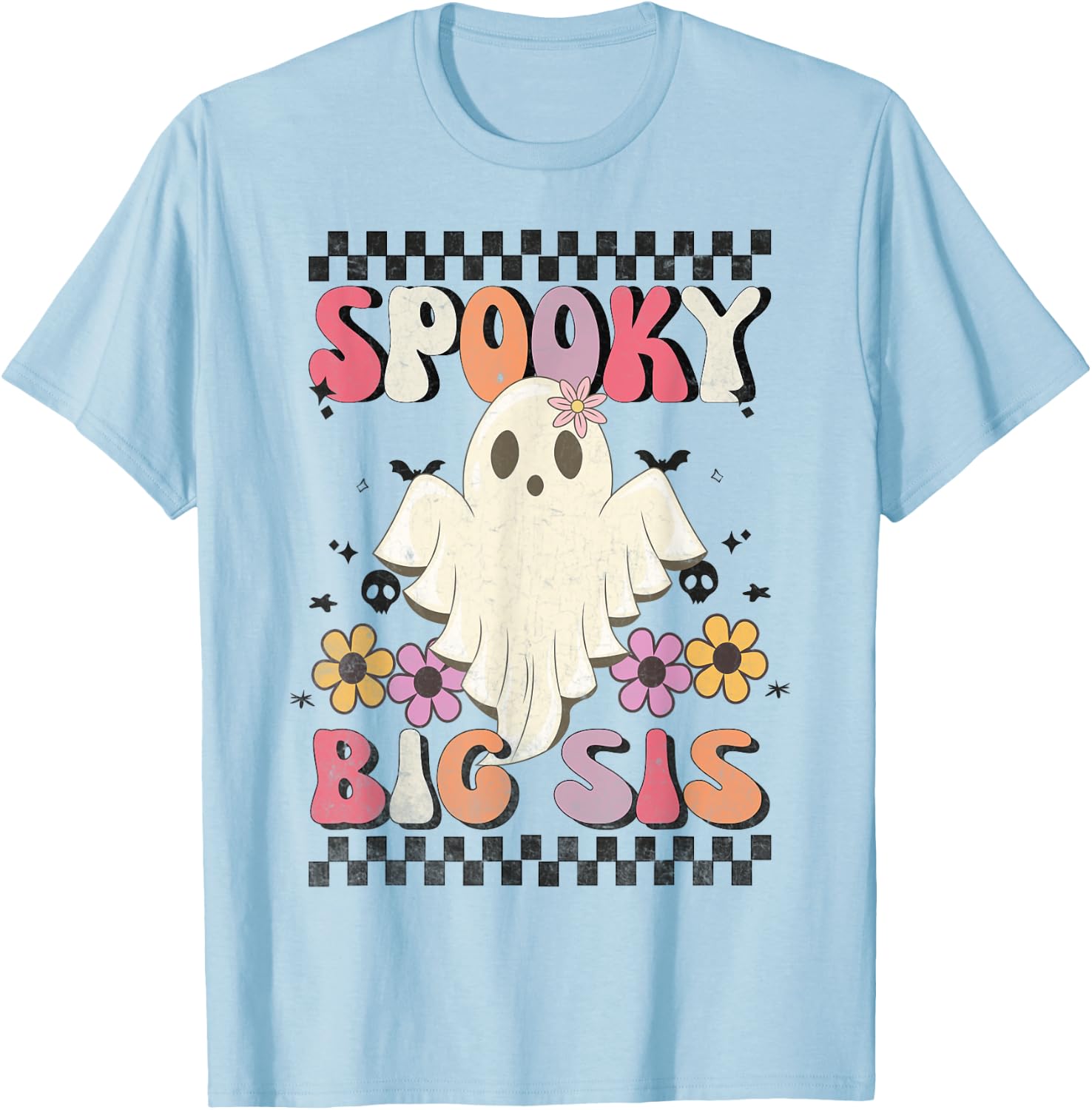 Spooky Big Sis Retro Groovy Halloween Big Sister Ghost T-Shirt - T-Shirt | Light Blue
