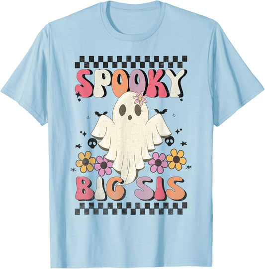 Spooky Big Sis Retro Groovy Halloween Big Sister Ghost T-Shirt - T-Shirt | Light Blue